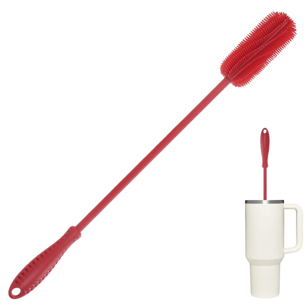 15.7" Silicone Bottle Brush, ddLUCK Water Bottle Cleaner Brush for Stanley, Hydroflasks, Glass, Thermos Sports Bottle, Vase and Glassware, Bottle Brush Cleaner for Small Narrow Neck Containers (Red)
