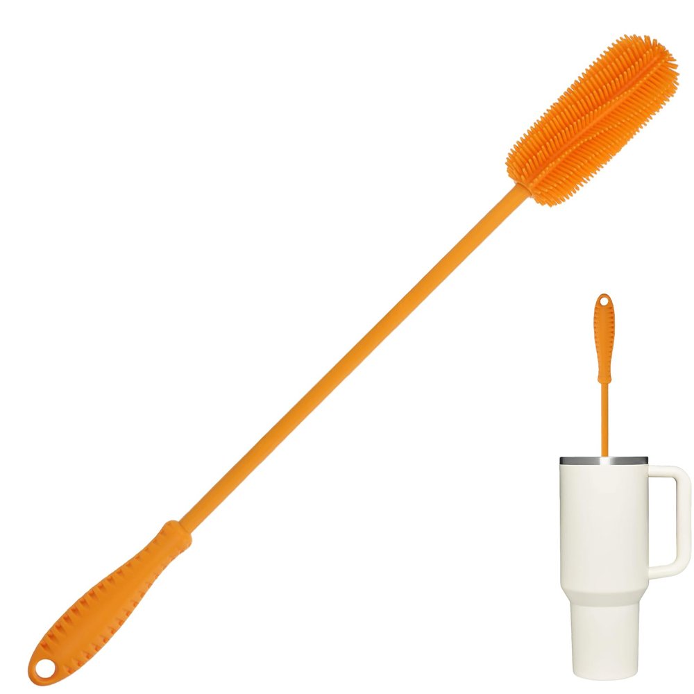 15.7" Silicone Bottle Brush, ddLUCK Water Bottle Cleaner Brush for Stanley, Hydroflasks, Glass, Thermos Sports Bottle, Vase and Glassware, Bottle Brush Cleaner for Narrow Neck Containers (Orange)