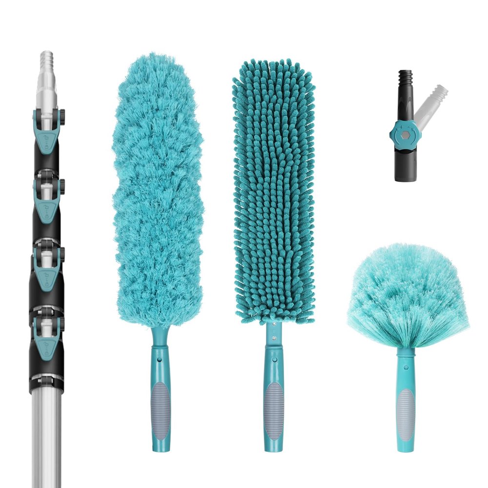 TelesPro 30 Foot High-Reach Duster Kit with 6-24FT Extendable Pole - High Ceiling Duster Cleaning Kit with Telescopic Pole,Cobweb Duster, Chenille Ceiling Fan Duster, Microfiber Feather Duster