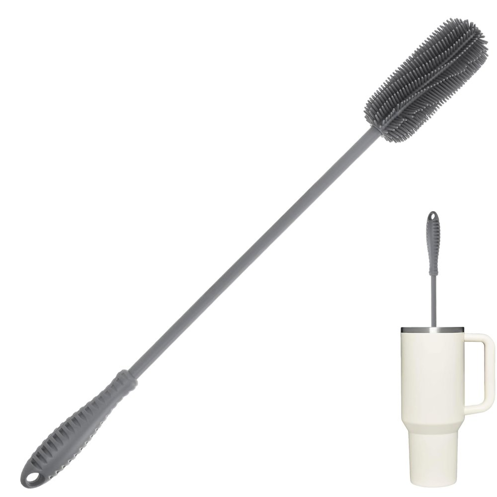 15.7" Silicone Bottle Brush, ddLUCK Water Bottle Cleaner Brush for Stanley, Hydroflasks, Glass, Thermos Sports Bottle, Vase and Glassware, Bottle Brush Cleaner for Small Narrow Neck Containers (Gray)