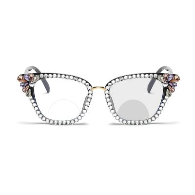 laureles Pearl Cat Eye Readers Photochromic Bifocal Reading Glasses Women Rhinestone Transition Eyewear Frame (Black/Diamond, 0.00 Magnification)