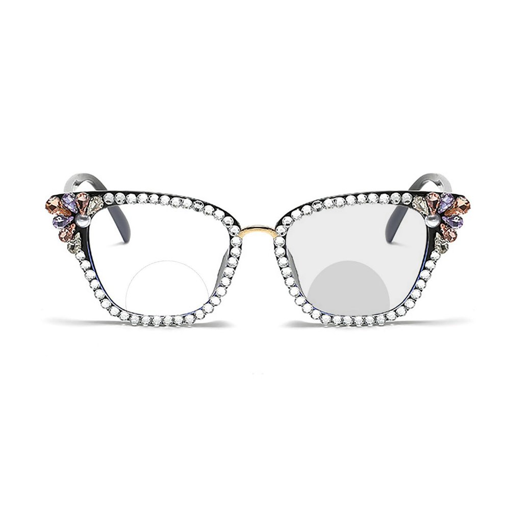 laureles Pearl Cat Eye Readers Photochromic Bifocal Reading Glasses Women Rhinestone Transition Eyewear Frame (Black/Diamond, 0.00 Magnification)