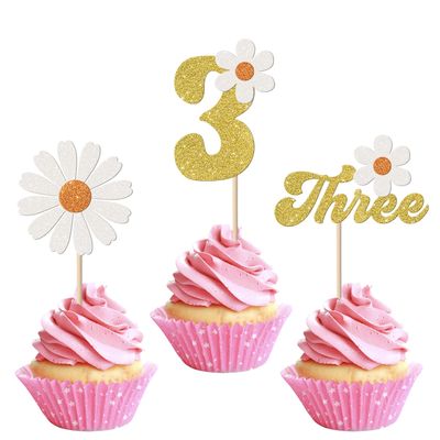 24 Pack 3rd Birthday Daisy Cupcake Toppers Glitter Three Daisy Cupcake Picks Spring Daisy Chrysanthemum Third Birthday Cupcake Decorations Kids birthday Party Supllies Gold