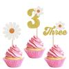 24 Pack 3rd Birthday Daisy Cupcake Toppers Glitter Three Daisy Cupcake Picks Spring Daisy Chrysanthemum Third Birthday Cupcake Decorations Kids birthday Party Supllies Gold view 1