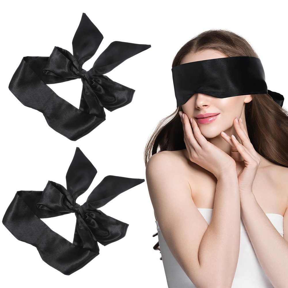 2Pcs Satin Eye Mask Sleep Mask, Adjustable Blindfold Soft Satin Eye Covers Blind Fold Valentine's Day Gifts for Women for Travel, Nap, Meditation,150cm/59inch (Black)