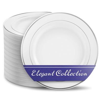 10.25" White and Silver Plastic Dinner Plates (100 Pack) - Elegant, Heavy Duty Disposable Set for 100 Guests - Wedding, Thanksgiving, Christmas
