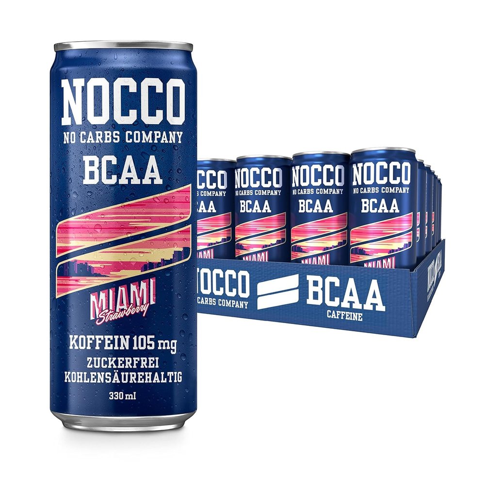 NOCCO BCAA Energy Drink Pack of 24 - Sugar-Free, Vegan Energy Drink with Caffeine, Vitamins and Amino Acids - Caribbean Pineapple, 24 x 330 ml Including Deposit (Miami)