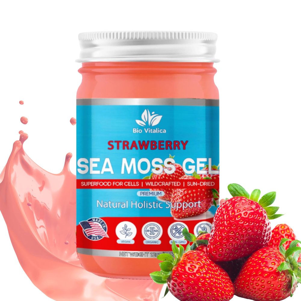 Sea Moss Gel by BioVitalica - Irish sea Moss raw Organic - Premium Quality - Dr Sebi, Vegan superfood for Cells - 100% Natural seamoss Gel (Pack of 1, Strawberry)