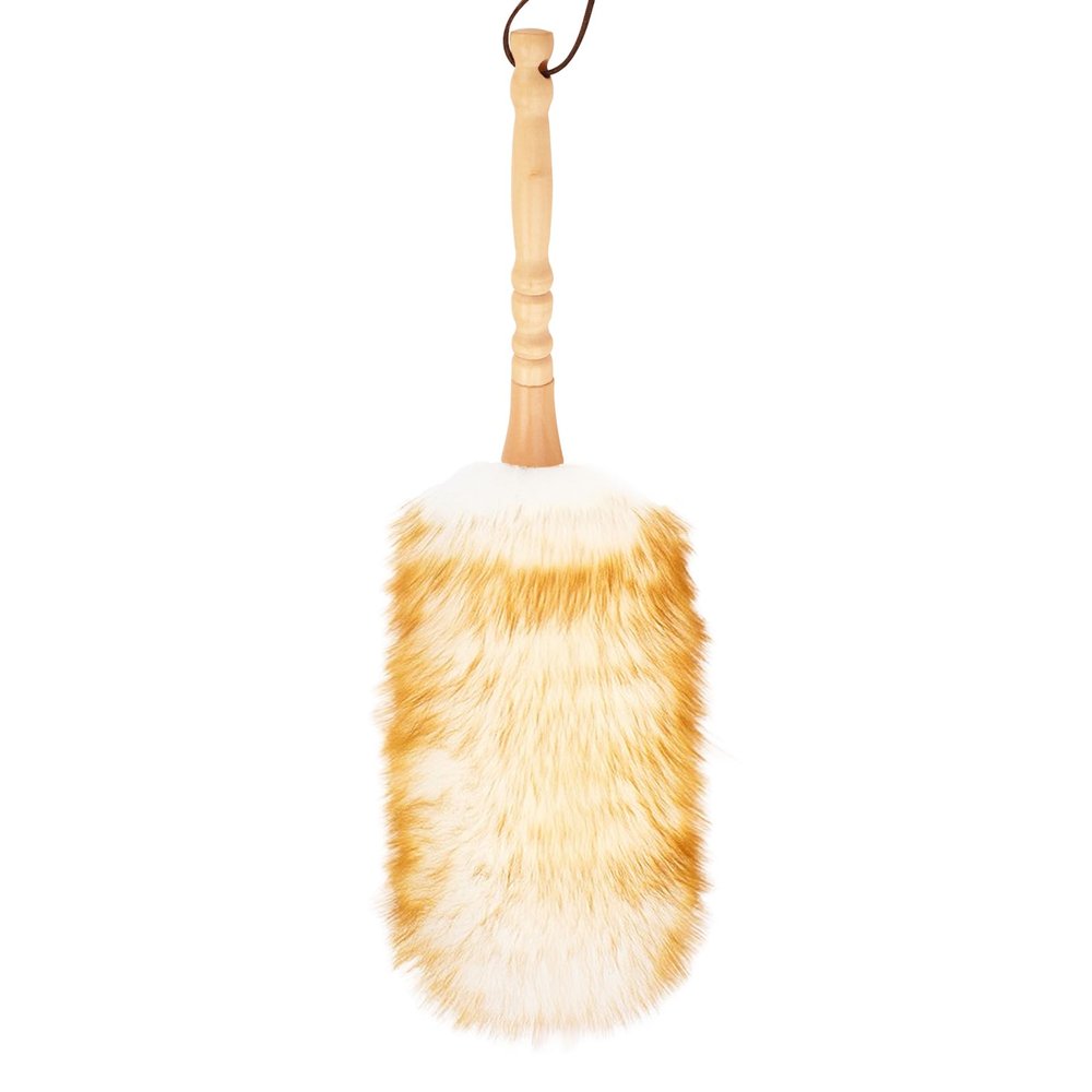 FeelfunFeather Lambswool Duster with Solid Wooden Handle,Leather Hang Strap,Comfortable Grips 19.6 inch Long Natural Feathers Dusters for Cleaning Wall Plant Desk Blind Cleaner Duster Tool