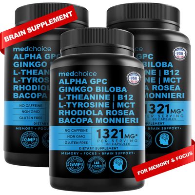 12-in-1 Nootropic Brain Supplement Anhydrous: Ginkgo Biloba for Brain Support, Memory and Focus - B12, Alpha GPC, L Theanine and Choline Supplements with Bioperine non Caffeinated 1321mg (180ct)