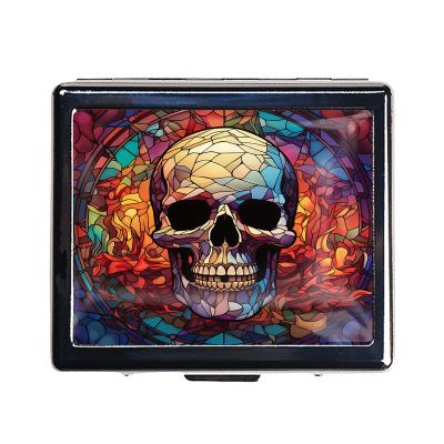 DingRound Silver Vintage Pill Box 7 Day Metal Pill Box with Mirror and 8 Compartments Cute Travel Pill Organizer for Purse (Stained Glass Colorful Skull)