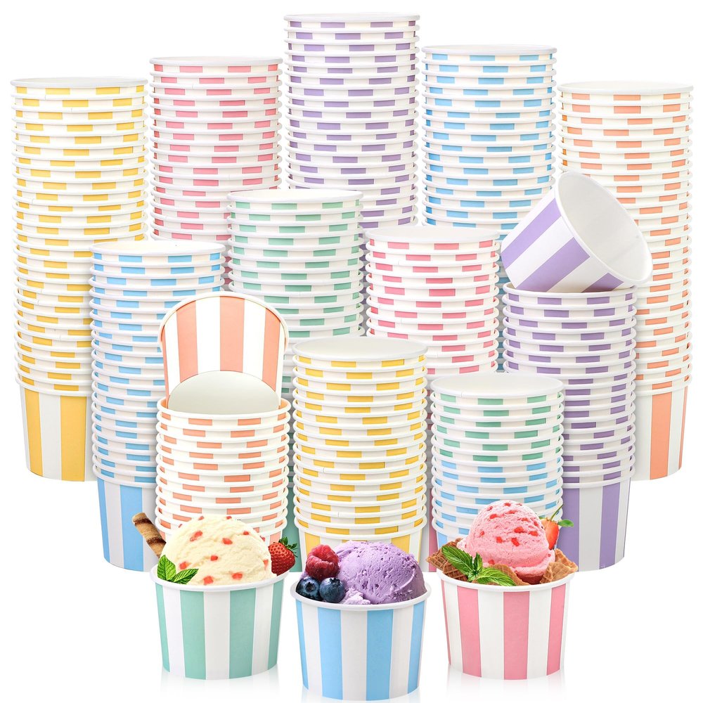 Aodaer 300 Pack Paper Ice Cream Cups 8 Ounces Disposable Dessert Bowls Ice Cream Containers Soup Snack Dessert Yogurt Sundae Bowls for Cold & Hot Foods, Birthday Party Bar Supplies, 6 Colors