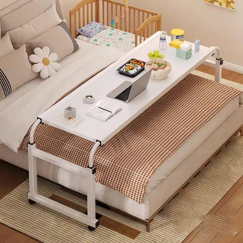 DYUNCZ Rolling Bed Table, Over Bed Table with Wheels Adjustable Height, Rolling Table, Overbed Desk, Queen Size Mobile Computer Desk Standing Workstation Laptop Cart (Color : White, Size : 140 * 53cm