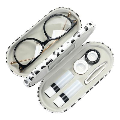 Muf 2 in 1 Double Sided Portable Contact Lens Case and Eyeglasses Case,Dual Use Design with Built-in Mirror,Tweezer and Contact Lens Solution Bottle Included for Travel Kit,Leopard Silver
