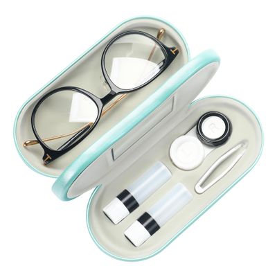 Muf 2 in 1 Double Sided Portable Contact Lens Case and Eyeglasses Case,Dual Use Design with Built-in Mirror,Tweezer and Contact Lens Solution Bottle Included for Travel Kit,Teal