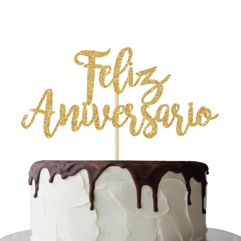 Feliz Aniversario Cake Topper, Spanish Happy Anniversary Decorations, Birthday Anniversary Cake Decor, Wedding Anniversry Party Decorations Gold Glitter