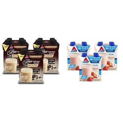 Atkins Caf au Lait Iced Coffee Protein Shake, 15g Protein, Low Glycemic, 3g Net Carb, 1g Sugar & Strawberry Protein Shake, 15g Protein, Low Glycemic, 2g Net Carb, 1g Sugar, Keto Friendly