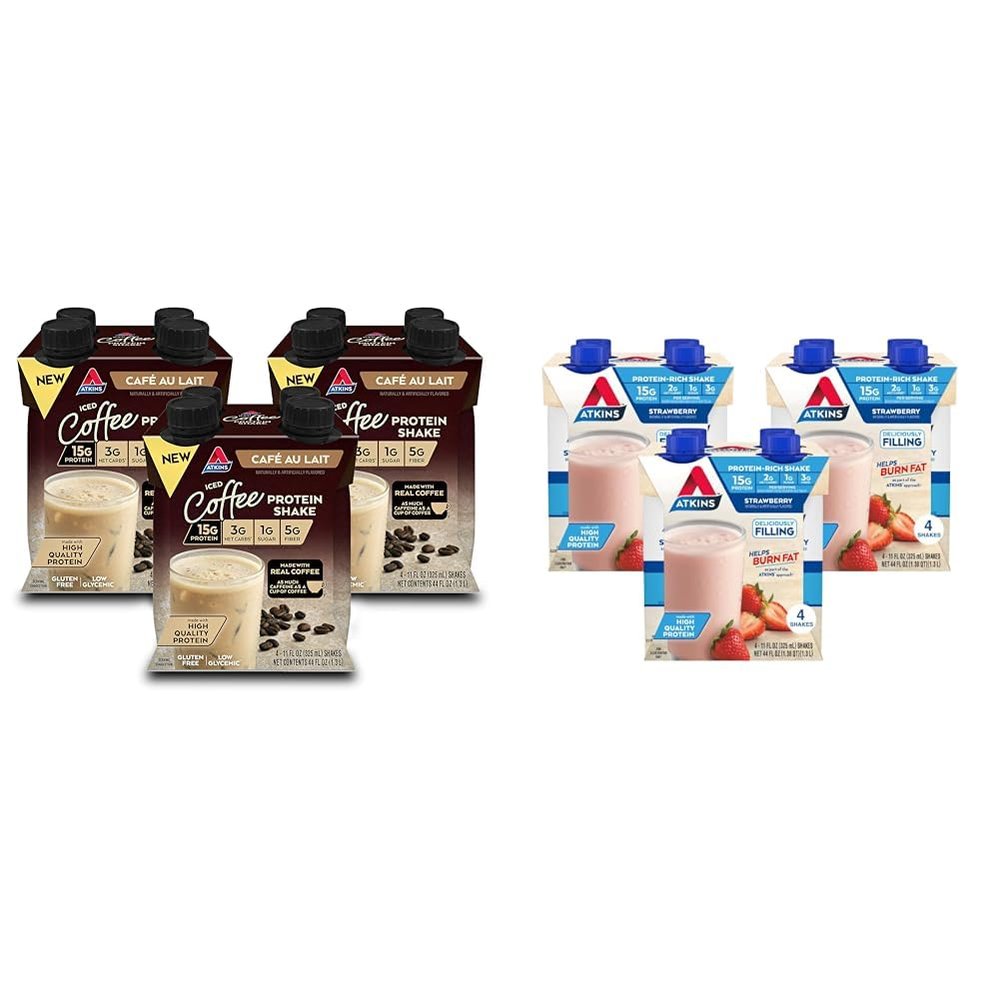 Atkins Caf au Lait Iced Coffee Protein Shake, 15g Protein, Low Glycemic, 3g Net Carb, 1g Sugar & Strawberry Protein Shake, 15g Protein, Low Glycemic, 2g Net Carb, 1g Sugar, Keto Friendly