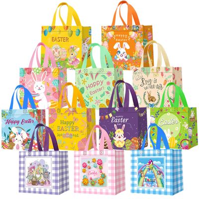 12Pack Easter Egg Hunt Bags with Handles, Waterproof Bunny Egg Easter Gift Bags, Non-Woven Easter Tote Bag for Easter Baskets, Easter Party Supplies 8.37.95.9inch, 12 Unique Patterns