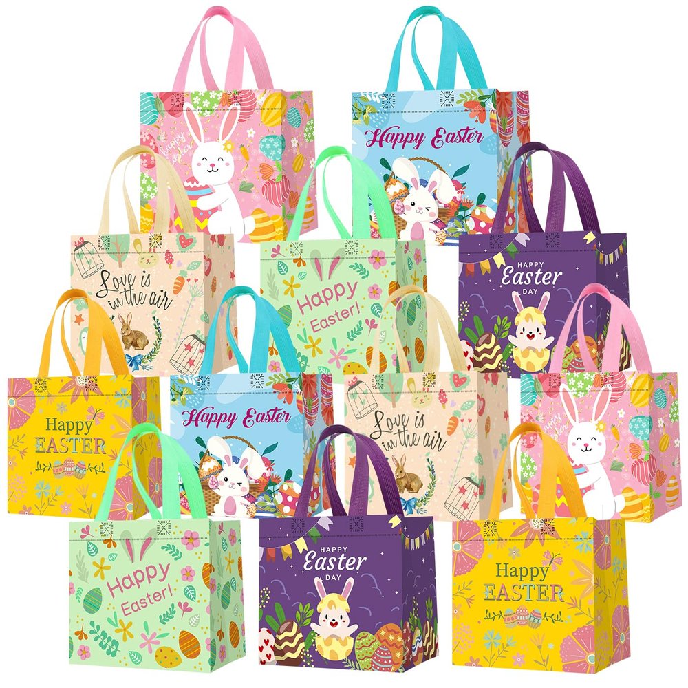 12Pack Easter Gift Bags with Handles, Easter Egg Hunt Bags, Reusable Non-Woven Easter Bags, Easter Bunny Bag, Easter Tote Bags for Kids Classroom, Egg Hunt Game, Easter Party Favors 8.3"7.9"5.9"