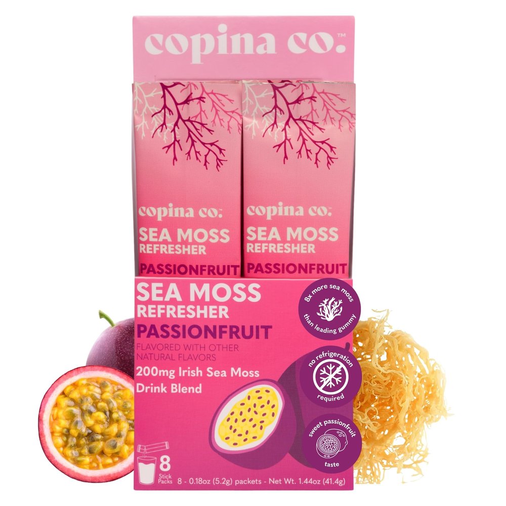 Organic Irish Sea Moss Powder - 200mg Packets - Passion Fruit Flavored Seamoss Drink with Electrolyte-Rich Coconut Water for Natural Hydration, Muscle Recovery - 8 Stick Packs