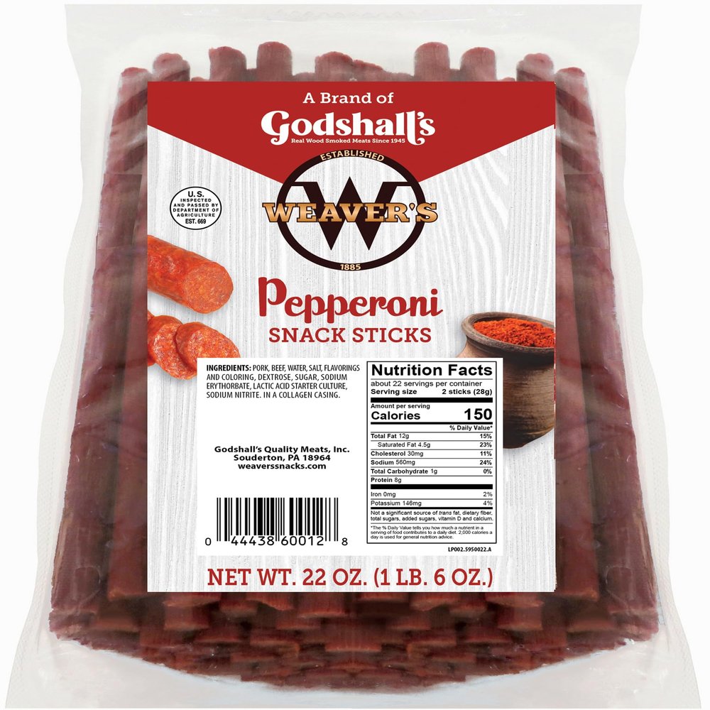 Weavers Pepperoni Snack Sticks (44 pepperoni flavored 7" pork snack sticks per 22oz bag)
