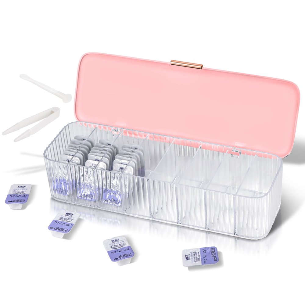 VORDRASSIL P-80 Daily Contact Lens Organizer with Remover & Tweezer, Disposable Lens Dispenser, Clear Plastic Box for All Brands (Pink)