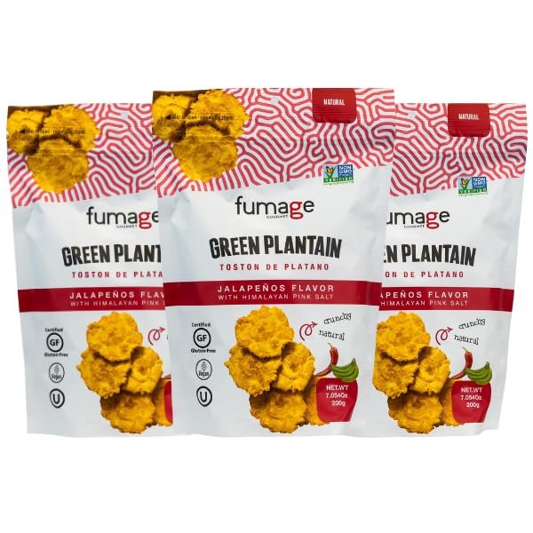 3-Pack of FUMAGE Jalapeno Green Plantain Chips: Seasoned with Himalayan Pink Salt. Certified, Vegan, Gluten-Free, Cholesterol-Free, Kosher, and Non-GMO Verified
