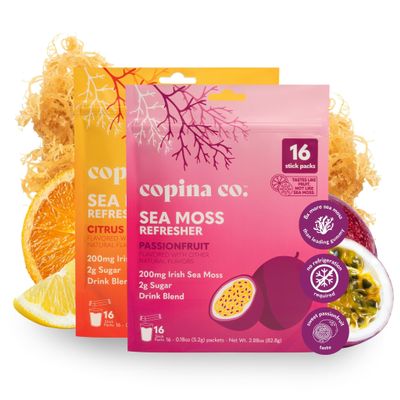 Organic Irish Sea Moss Powder - 200mg Packets for Gut Health and Immune Support - Passionfruit & Citrus Blossom Flavored Seamoss Drink with Coconut Water for Hydration - Variety 32 Stick Packs