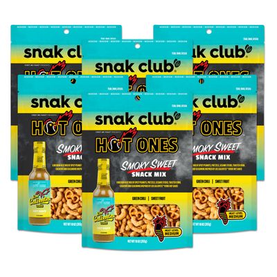 Snak Club x Hot Ones Smoky Sweet Snack Mix, Spicy Snack with Peanuts, Pretzels, Sesame Sticks, Toasted Corn & Cashews, Inspired by Hot Ones Hot Sauce, 10 oz Resealable Bag (6 Count)