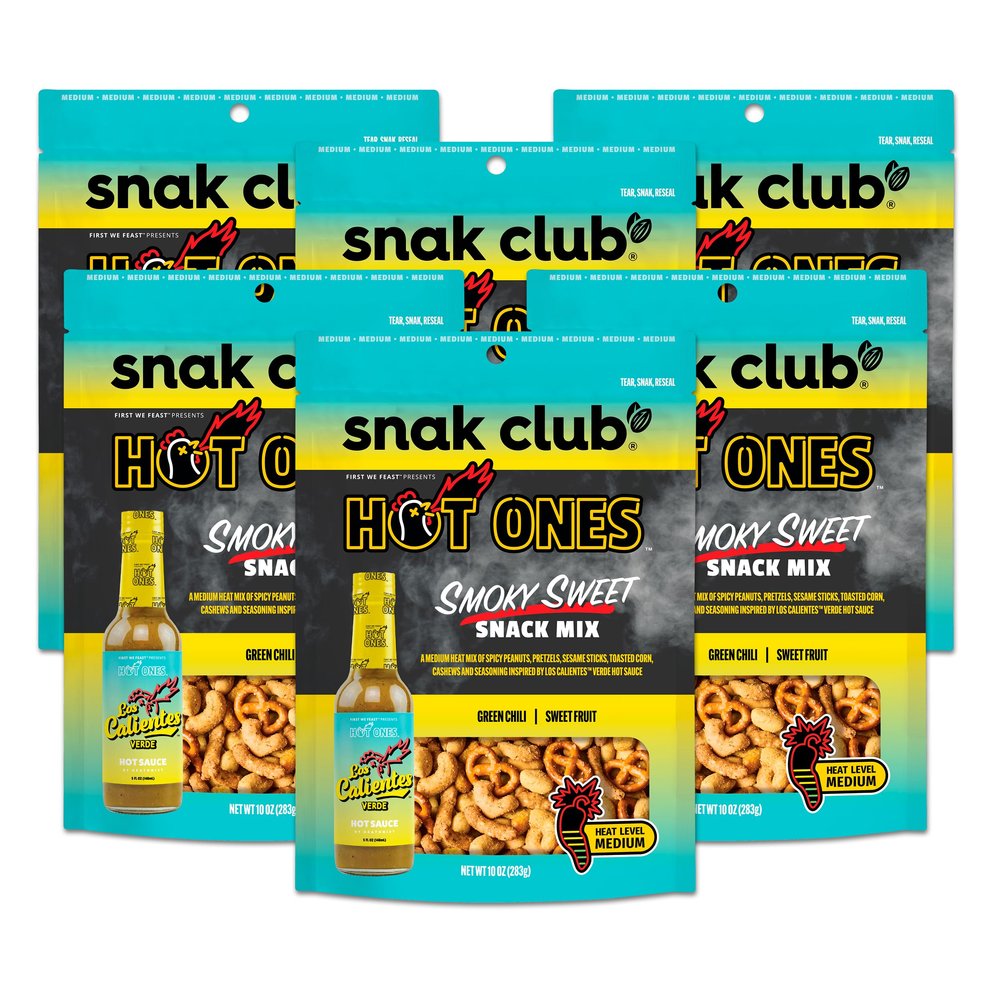 Snak Club x Hot Ones Smoky Sweet Snack Mix, Spicy Snack with Peanuts, Pretzels, Sesame Sticks, Toasted Corn & Cashews, Inspired by Hot Ones Hot Sauce, 10 oz Resealable Bag (6 Count)