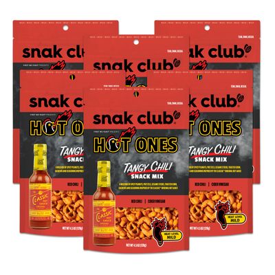 Snak Club x Hot Ones Tangy Chili Snack Mix, Mild Spicy Snacks with Peanuts, Pretzels, Sesame Sticks, Toasted Corn & Cashews, Inspired by Hot Ones Hot Sauce, 4.5 oz Resealable Bag (6 Count)