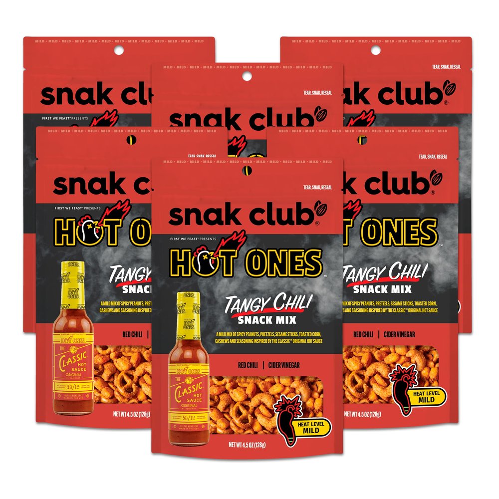 Snak Club x Hot Ones Tangy Chili Snack Mix, Mild Spicy Snacks with Peanuts, Pretzels, Sesame Sticks, Toasted Corn & Cashews, Inspired by Hot Ones Hot Sauce, 4.5 oz Resealable Bag (6 Count)
