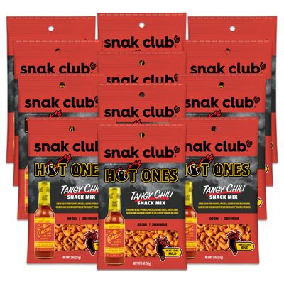 Snak Club x Hot Ones Tangy Chili Snack Mix, Mild Spicy Snacks with Peanuts, Pretzels, Sesame Sticks, Toasted Corn & Cashews, Inspired by Hot Ones Hot Sauce, 2 oz Bag (12 Count)