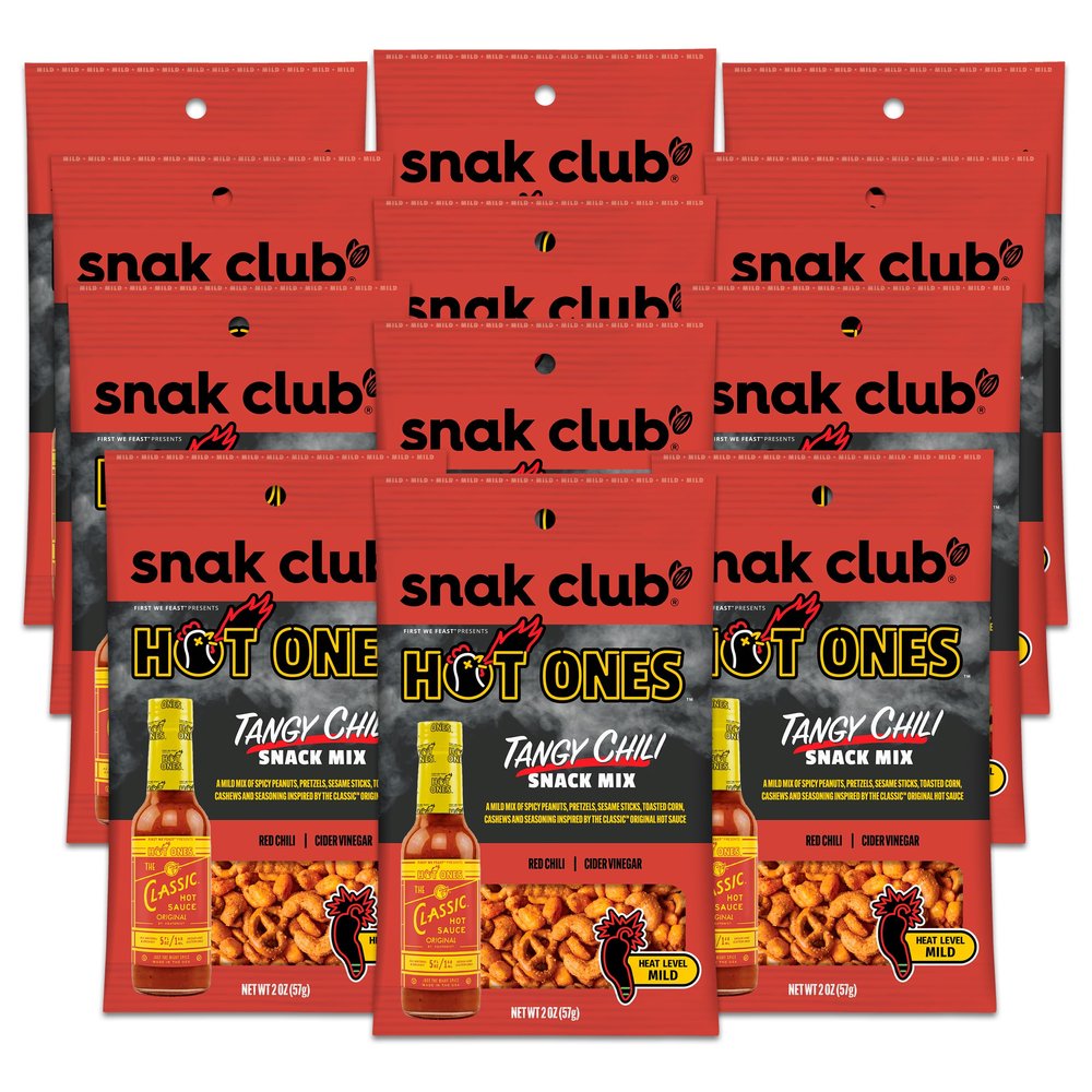 Snak Club x Hot Ones Tangy Chili Snack Mix, Mild Spicy Snacks with Peanuts, Pretzels, Sesame Sticks, Toasted Corn & Cashews, Inspired by Hot Ones Hot Sauce, 2 oz Bag (12 Count)