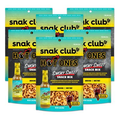 Snak Club x Hot Ones Smoky Sweet Snack Mix, Spicy Snacks with Peanuts, Pretzels, Sesame Sticks, Toasted Corn & Cashews, Inspired by Hot Ones Hot Sauce, 4.5 oz Resealable Bag (6 Count)