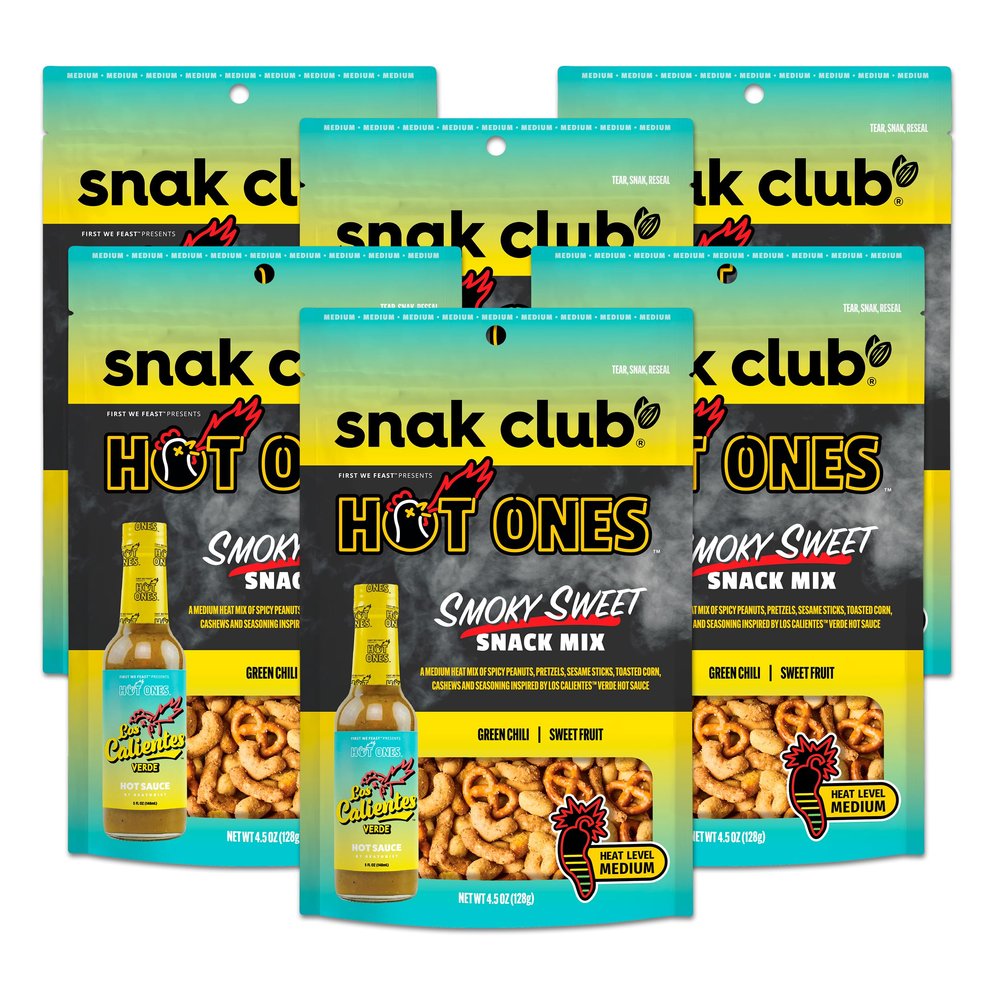 Snak Club x Hot Ones Smoky Sweet Snack Mix, Spicy Snacks with Peanuts, Pretzels, Sesame Sticks, Toasted Corn & Cashews, Inspired by Hot Ones Hot Sauce, 4.5 oz Resealable Bag (6 Count)