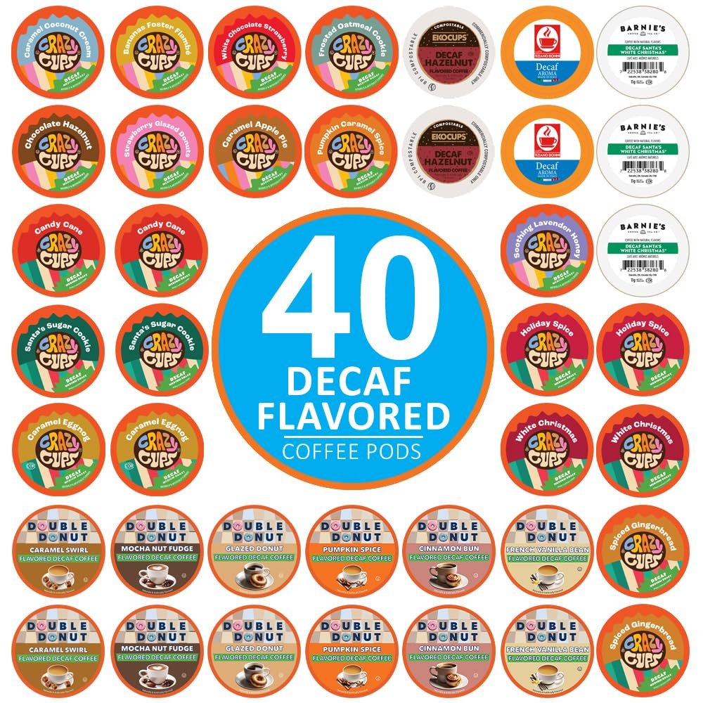 Crazy Cups Flavored Decaf Coffee Pods Variety Pack Compatible with Keurig K Cups Brewers, 40 Count, Assorted Decaffeinated Flavored Coffee Sampler(Pack of 1)