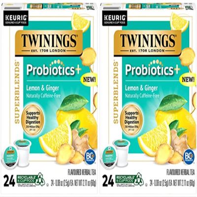 Twinings Probiotics Lemon & Ginger Herbal Tea, Supports Digestive Health, Single Serve K-Cup Pods for Keurig, Naturally Caffeine Free, 24 Count (Pack of 2)