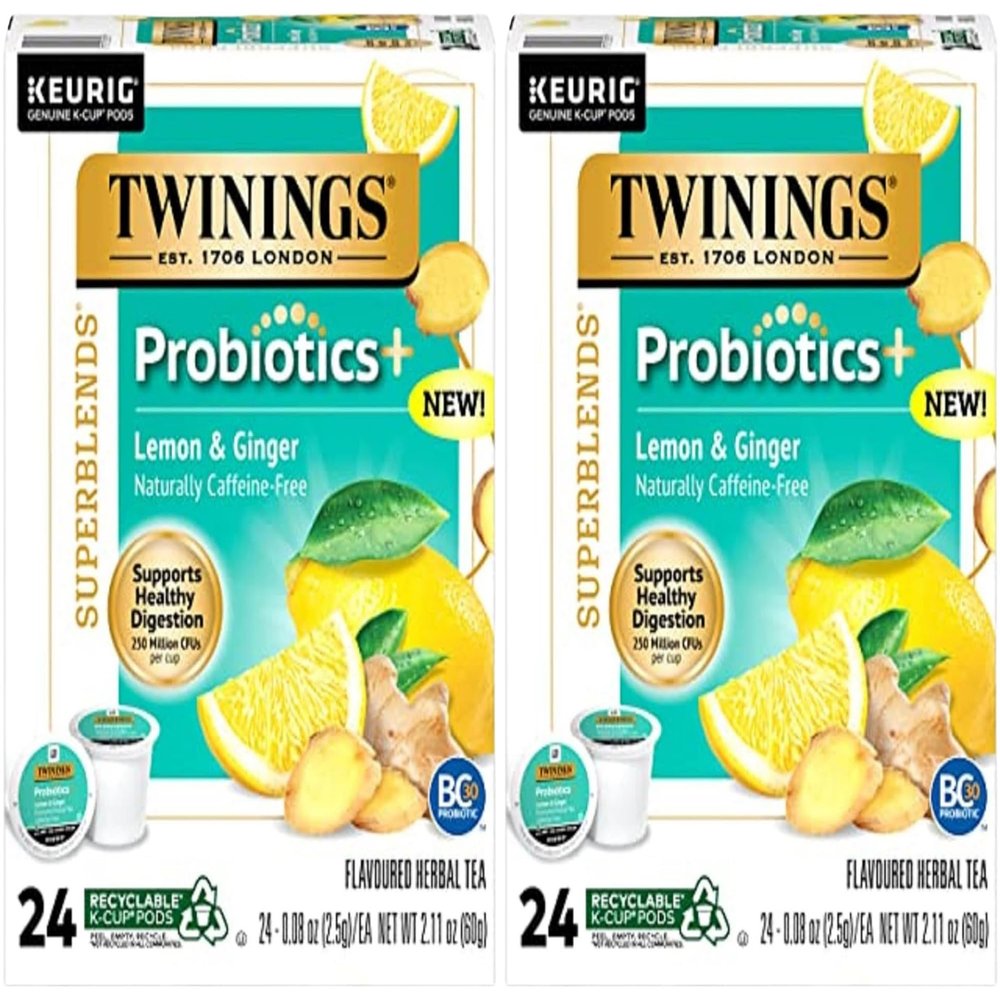 Twinings Probiotics Lemon & Ginger Herbal Tea, Supports Digestive Health, Single Serve K-Cup Pods for Keurig, Naturally Caffeine Free, 24 Count (Pack of 2)