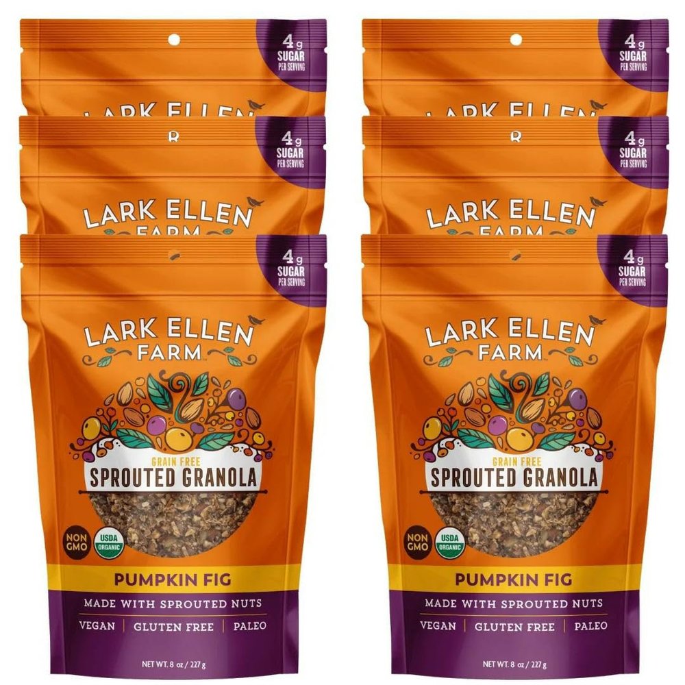Lark Ellen Farm Grain-Free Granola, Certified Organic Raw Sprouted Vegan Clusters, Paleo & Crunchy Gluten-Free Bites for Cereal or Yogurt, Pumpkin Fig 8 oz, 6 Pack