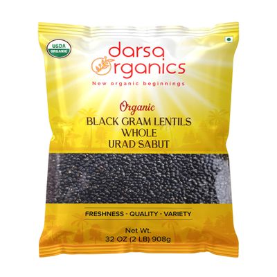 Darsa Organics Urad Dal Whole 2lb - Organic Dried Lentils - USDA Certified Black Lentils, Non-GMO, Gluten Free, Kosher - Protein and Fiber Rich Black Gram Dal for Curry, Salad, & Soup