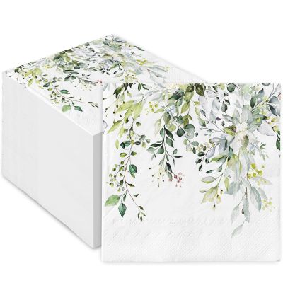 100Pcs Greenery Paper Napkins Watercolor Green Leaves Luncheon Spring Disposable Dessert Dinner Hand Napkin for Wedding Baby Shower Birthday Supplies