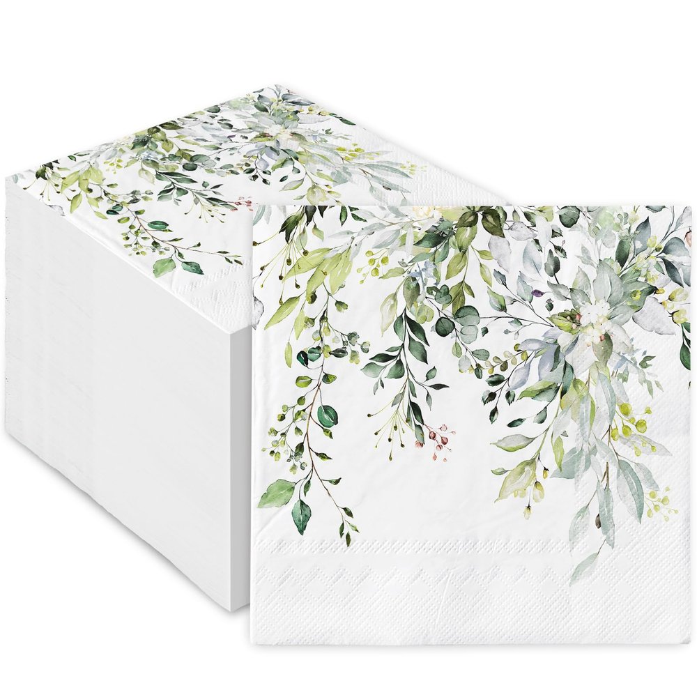100Pcs Greenery Paper Napkins Watercolor Green Leaves Luncheon Spring Disposable Dessert Dinner Hand Napkin for Wedding Baby Shower Birthday Supplies