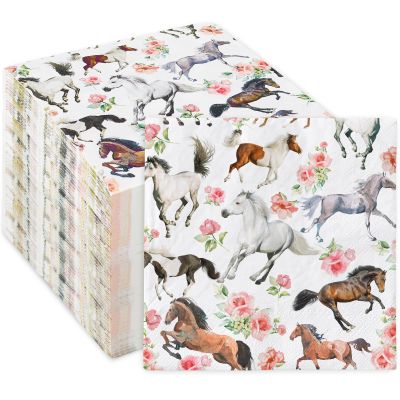 100Pcs Floral Horse Paper Napkins Watercolor Disposable Luncheon Napkins Horse Flower Dessert Dinner Hand Napkin for Horse Racing Theme Party Supplies