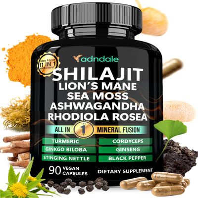 Adndale Shilajit for Men and Women. Pure Himalayan Organic Shilajit Capsules with Sea Moss Ashwagandha Rhodiola Rosea Lions Mane. 90 Count