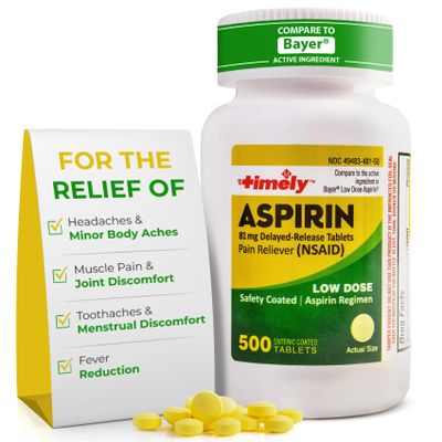TIME-Cap Labs 500 Tablets Low Dose Aspirin 81mg Enteric Coated - NSAID Pain Reliever & Fever Reducer for Adults, Helps with Minor Aches, Headaches, Muscle Pain, Toothaches, and Joint Discomfort