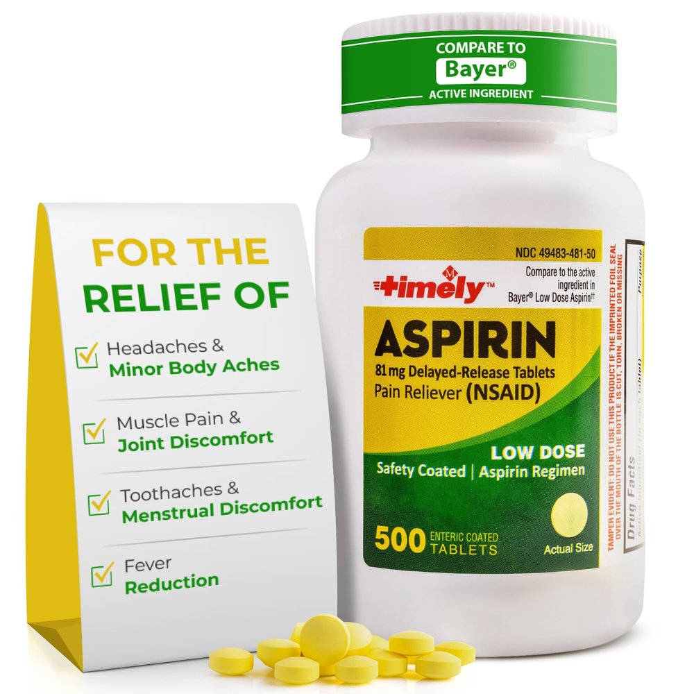 TIME-Cap Labs 500 Tablets Low Dose Aspirin 81mg Enteric Coated - NSAID Pain Reliever & Fever Reducer for Adults, Helps with Minor Aches, Headaches, Muscle Pain, Toothaches, and Joint Discomfort