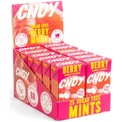 CNDY Mints | Berry Xylitol Mints | Aspartame Free | Sugar Free, Low Calorie, Vegan | Naturally Flavored, 25 Pieces (Pack of 12)