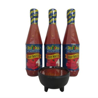 The Stocked Pantry Pico Pica Hot Sauce, 15.5oz (Pack of 3) Bundle with Carlisle 3 oz Melamine Molcajete Salsa Dish, Black, Red